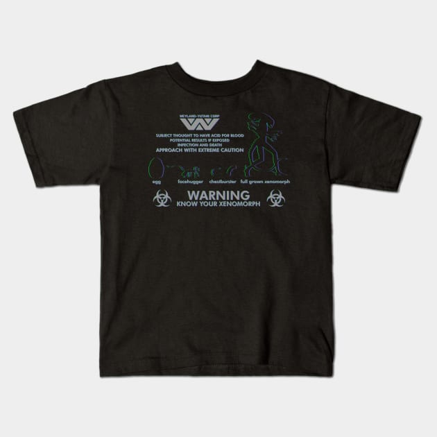 Warning Know Your Xenomorph from the 1979 movie Alien Kids T-Shirt by DaveLeonardo